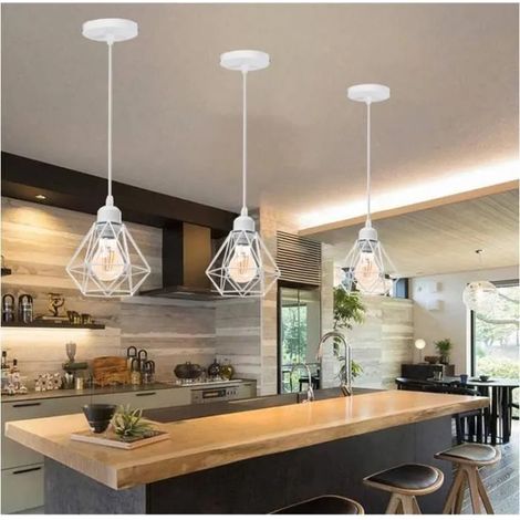 3PCS Lustre Suspension Industrielle, Moderne Lampe Luminaire en Cage Métal Blanc pour Salon Chambre (1/4)