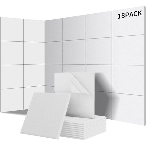 Lot de 18 panneaux acoustiques carrés autocollants Isolation phonique efficace Couverture 1.62㎡ haute densité (230kg/m³) NRC 0.95 –Pour murs et portes,salle de jeux, blanche (1/5)