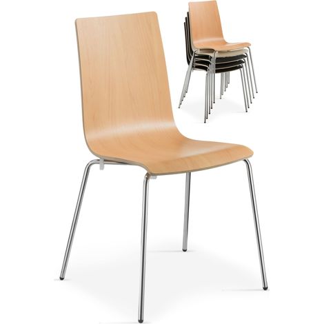Lot de 4 chaises avec assise en bois finition bois et structure en métal chromé. Empilable, idéale pour la cuisine, la salle à manger ou les espaces collectifs finition hêtre (1/5)