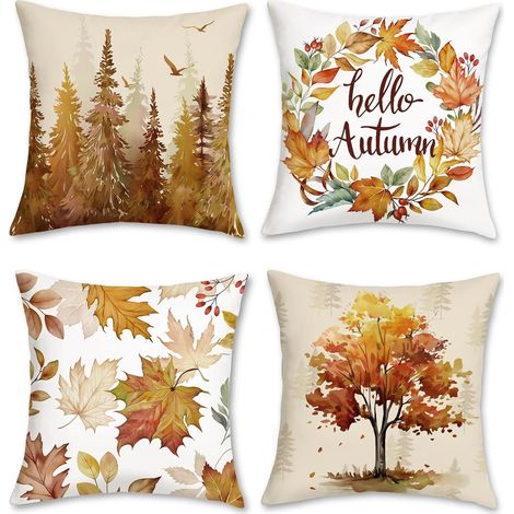 Housses de Coussin Automne Forêt Orange Arbre Feuilles Érable Couronne Taies d’Oreiller Décoratives pour Canapé Lit Maison 45 x 45 cm 4 Pièces (1/5)