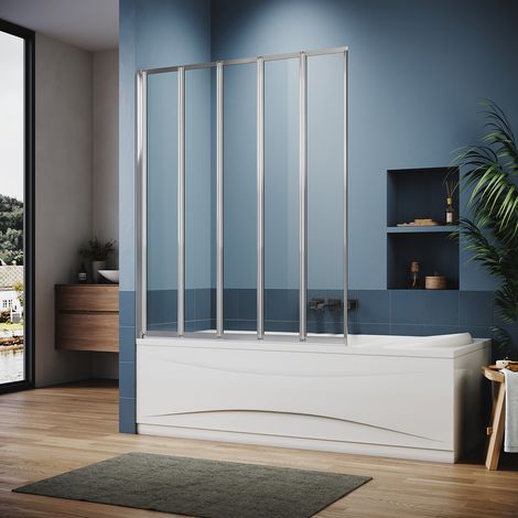 ELEGANT Bath Screen Chrome Aluminium 5-fold Bath Screen 1200x1400mm Thickness 4mm Tempered Glass