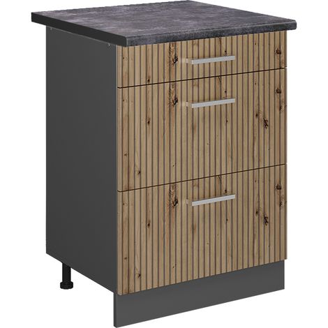 Mueble bajo de cocina R-Line, Roble artesanal, 60 cm con cajones, ET Antracita, Vicco