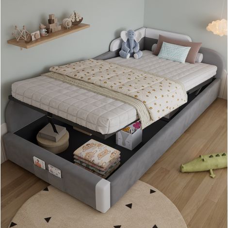 MEUBLIV Bettgestell 90x200 cm Grau – Stauraum, Kopfteil-Schutz, ohne Matratze (1/5)