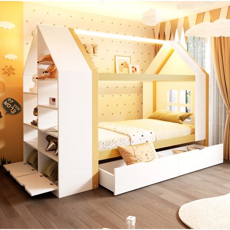 Lit enfant cabane 90 x 200 cm avec 2 tiroirs, LED et rangements, blanc et bois naturel HAVRYA (1/5)