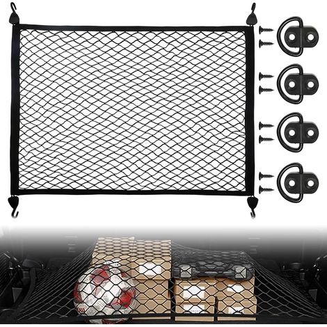 Filet à bagages de voiture, 100 x 80 cm, filet à bagages de voiture, avec 4 crochets, filet de rangement pour coffre, toit de voiture, la plupart des voitures, filet de sécurité du chargement (1/5)
