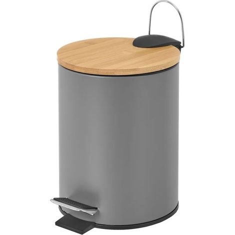 Poubelle de salle de bain en métal chromé avec couvercle en bois coloris naturel - diamètre 21 x Hauteur 26 cm (1/5)