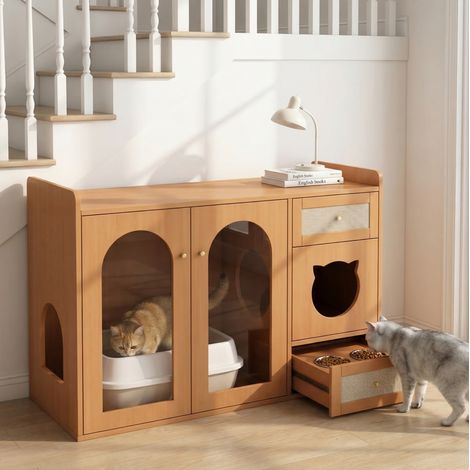 Mueble arenero para gato 5 en 1 con zona de comedor y almacenamiento, 120 x 45 x 83 cm, nogal HAVRYA (1/5)