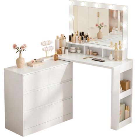 Coiffeuse avec miroir LED rectangulaire, table de maquillage blanche avec commode 6 tiroirs, rangement modulable droit ou en L, 90x134,5x40 cm  CHICFURN (1/5)