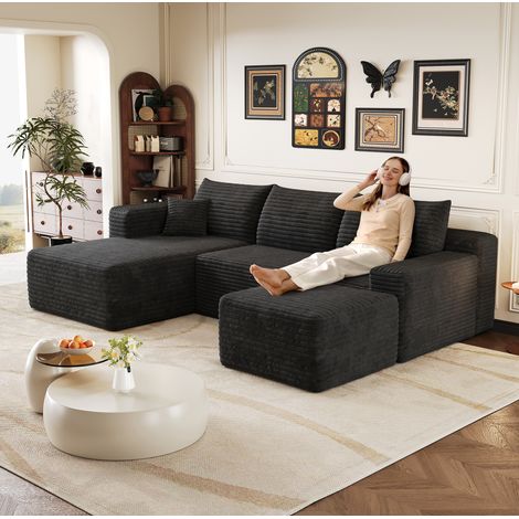REDOM - Sofá esquinero modular, sin montaje, chaise longue reversible, asiento profundo, tela negra (1/5)