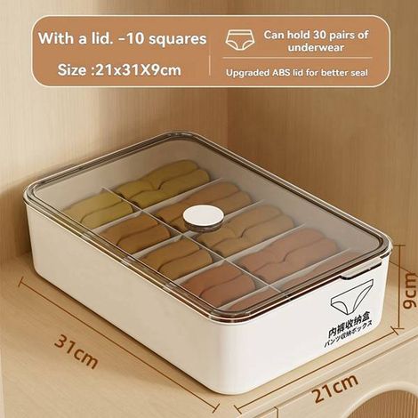 1 Stück. Spezifikationen: Aufbewahrungsbox für Kleidung mit 15 Fächern und Deckel. Farbe: Cremeweiß. Material: Kunststoff (Unterwäsche).