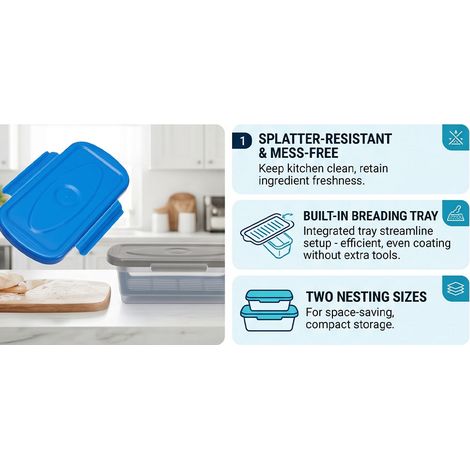Lot de 2 bols à pâte avec couvercles, saupoudreurs réutilisables en PP pour ailes de poulet, poisson et rondelles d'oignon (bleu). (1/5)