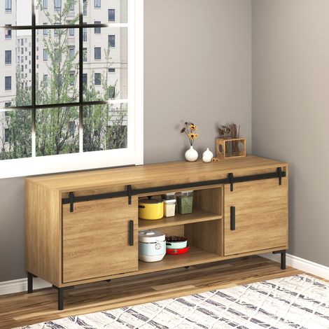 Sistema de puerta corredera para doble puerta de madera, riel 183 cm de acero, negro OKMYHOME (1/5)