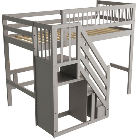 Letto a soppalco per bambini 90 x 200 cm grigio con scala contenitore, letto singolo in legno (1/5)