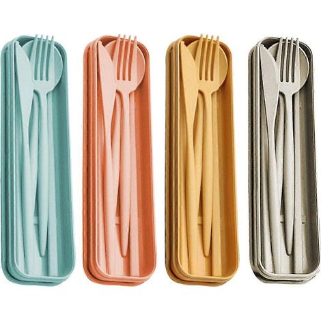 Ensemble de couverts en paille de blé, 4 pièces, réutilisables (cuillère, fourchette, baguettes), idéal pour les pique-niques et les voyages. (1/5)