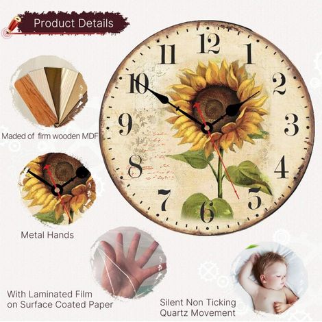 Relojes de pared decorativos de madera estilo vintage con diseño floral, reloj de pared redondo con diseño floral, girasol de 35,5 cm (14 pulgadas). (1/3)