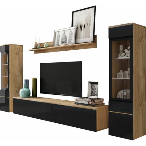 Conjunto de salón Mirfivo 101, Roble wotan + Negro brillante