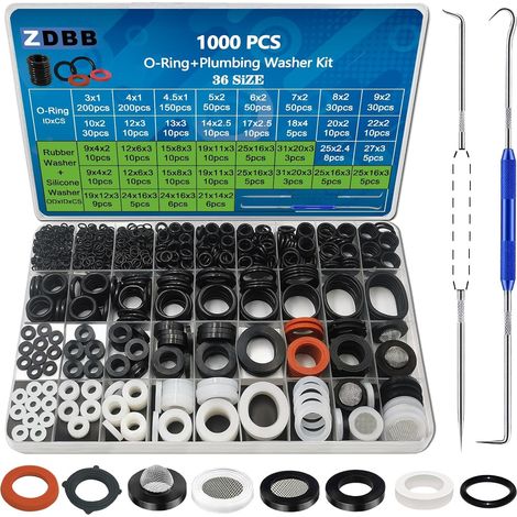 Kit de 1000 joints toriques de 18 tailles + 18 rondelles en caoutchouc pour robinet de plomberie, tuyau d'eau, rondelles de tuyau d'arrosage, pommeaux de douche, réparation de joints et (1/5)