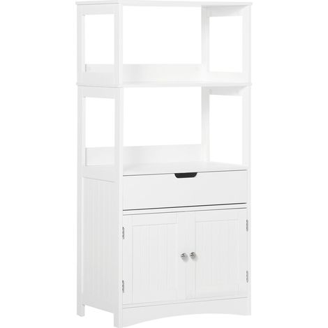 Meuble de Rangement Salle de Bain - 2 Portes, tiroir, 3 étagères - dim. 60L x 33l x 122H cm - MDF Blanc (1/5)