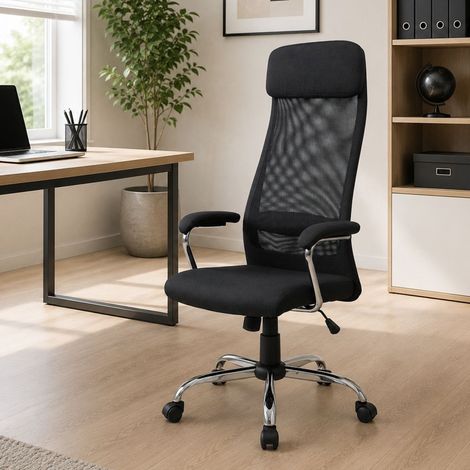 Sedia con ruote Umeno, Poltrona presidenziale con braccioli, Sedia ergonomica da ufficio, 65x65h126/136 cm, Nero (1/5)
