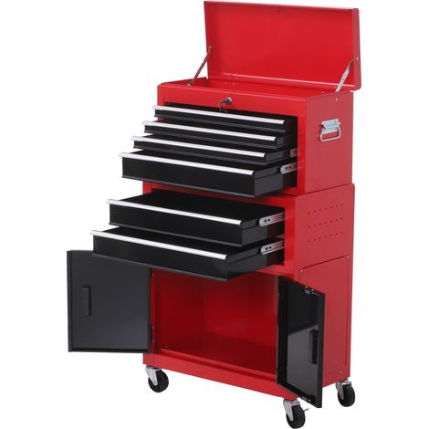 Chariot d'atelier/boîte à outils avec 6 tiroirs + 1 armoire à tiroirs avec boîte de rangement amovible, chariot en acier rouge et noir