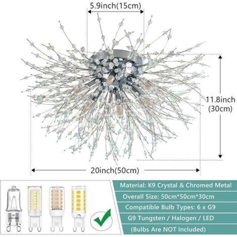 Plafonnier moderne en cristal pour salon, cristal chromé K9, 6 ampoules G9, suspension (1/3)
