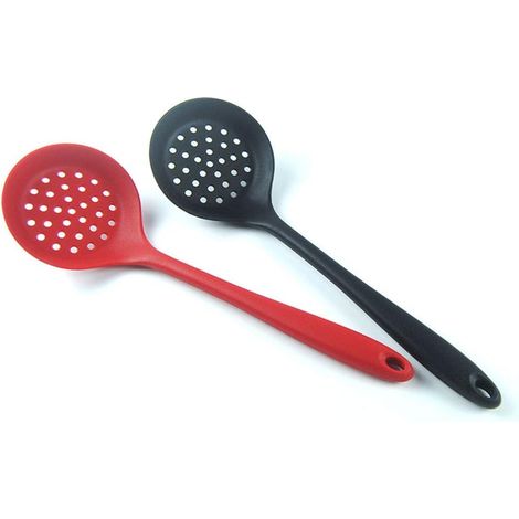 Silicone Slotted Spoon for Draining, Lightweight Skimmer with Soft Silicone Handle and Hanging Hole for Filtering Vegetable Oil (Black) (1/5)