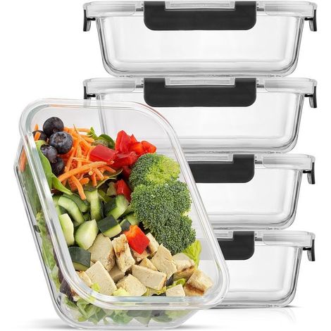 Lot de 5 boîtes de conservation en verre avec couvercles Boite Rangement Réutilisables 1000 ml Compartiment unique Pour adultes et cuisine (1/5)
