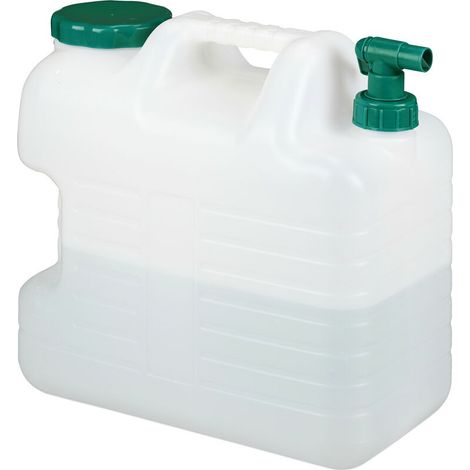 Relaxdays Bidon d’eau avec robinet, 20 litres, plastique sans BPA, couvercle, poignée, réservoir, blanc/vert (1/5)