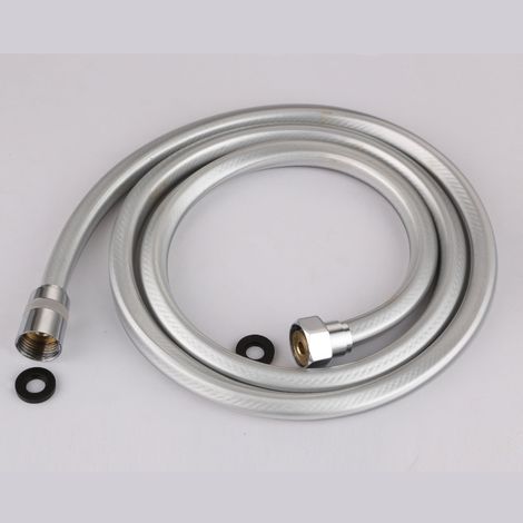 Flexible de douche à main carré en PVC gris argenté de 1,5 mètre avec embout en cuivre, pommeau de douche rotatif à 360°. (1/5)