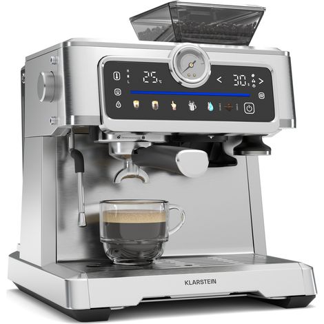 Klarstein GrandPresso Touch Espresso Machine - 20-Bar, 1350W, Integrated Grinder, Touch Display, Milk Frother, Thermoblock, 2.3L Water Tank, Stainless Steel, Espresso Machine for Home