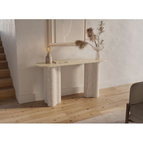 Deco In Paris – Console en marbre composite beige – Plateau ovale effet travertin – Pieds en forme organique – Design moderne et élégant