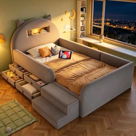Lit coffre enfant 90x200 cm, avec tête de lit en forme d'oreilles mignonnes, rangement, veilleuse et port USB sur la tête de lit, avec repose-pieds amovible et tiroir de rangement, velours, Gris clair (1/5)