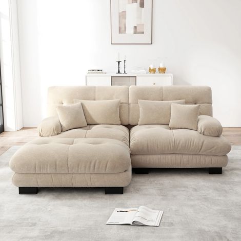 Cloud Ecksofa für Wohnzimmer, Chenille Doppelsofa mit 2 Lendenkissen und 2 Dekokissen, Polstersofa mit breiten Armlehnen und Ottoman, Chenille Hellbraun