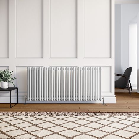 ELEGANT 600 x 1400 mm Traditional Efficient Radiator Cast Iron Style Horizontal Radiator White Triple Horizontal Column Radiators + Anthracite Thermostatic Radiator Valves (1/5)