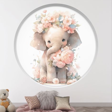 Stickers Trompe l'oeil Arche ronde Enfants - Éléphant floral - Diamètre 30 cm (1/4)