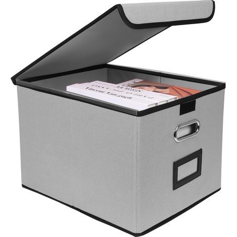 Boîte de rangement pliable avec couvercle et poignée - Organiseur de documents portable gris (1/5)