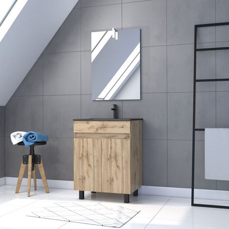 Mueble de baño 60cm - Puertas Acabado Roble - Lavabo negro + Espejo Led - TIMBER 60 - Pack19