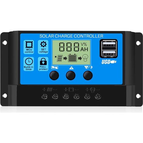 30A 12V/24V Contrôleur de Charge Régulateur Panneau Solaire de Batterie Intelligent PWM avec 5V Double Port USB LCD Affichage pour Les Batteries Plomb-acide (30A) (1/5)
