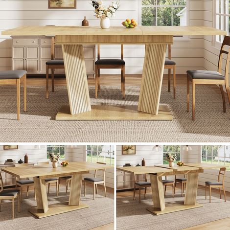 Table de Cuisine extensible plateau extensible aspect bois massif socle stable pieds réglables antidérapants finition brun naturel (1/5)