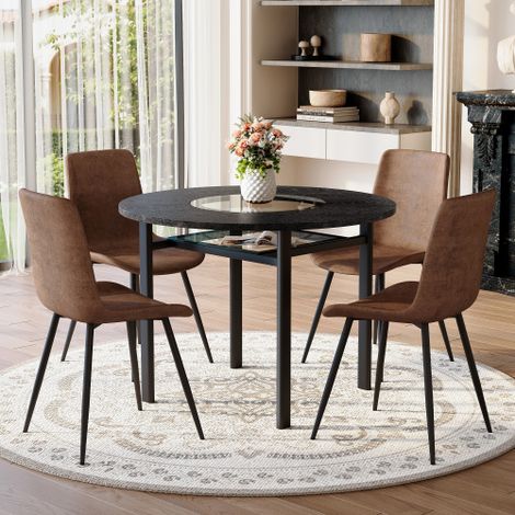 Ensemble table ronde minimaliste moderne (avec 4 fauteuils marron en tissu technique et coussin d'assise confort élargi), table ronde de 100 cm de diamètre aspect bois noir, convient pour le salon,