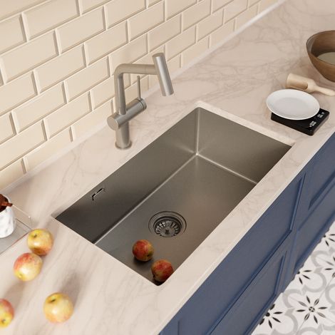 Ceramia Timeless 68x45x21 cm évier sous plan inox 304 + mitigeur inox avec douchette extractible, gun metal brossé (TMLKSU-6845BGM-M1) (1/4)