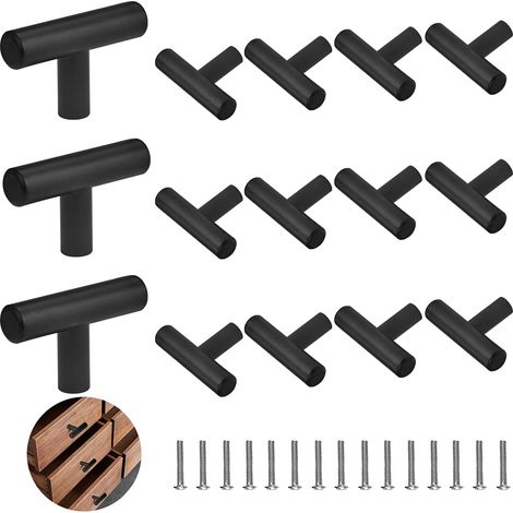 15 Pcs Poignée d'Armoire en T avec 15 Vis, Poignée de Porte en Forme de T, Boutons de Tiroir en Acier Inoxydable, Petit Bouton de Meuble Laqué, pour Cuisine Salle de Bain Bureau, Noir (1/5)