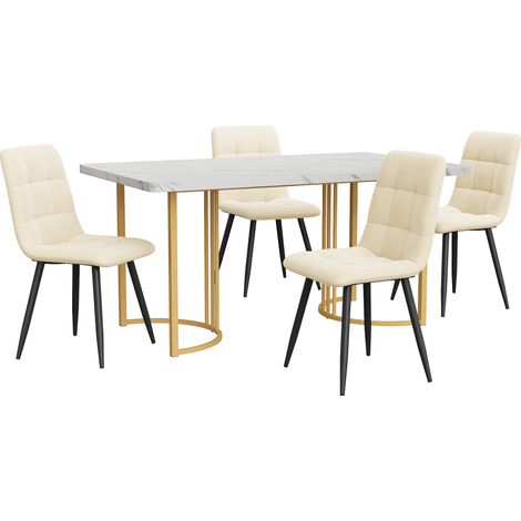 Conjunto de comedor 5 piezas mesa 140x80 cm con 4 sillas de terciopelo blanco (1/5)
