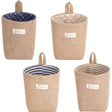Juego de 4 cestas de almacenamiento plegables con asa, bolsa de almacenamiento colgante, cesta de almacenamiento de algodón y lino, 4 colores, para guardar cosméticos, llaves y juguetes. (1/5)