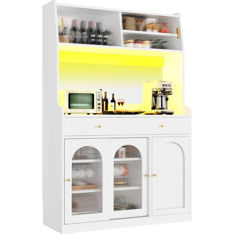 Buffet haut avec LED, portes vitrées coulissantes, 2 tiroirs, étagères réglables, rangement cuisine et salle à manger, blanc, MDF et PB - CHICFURN (1/5)