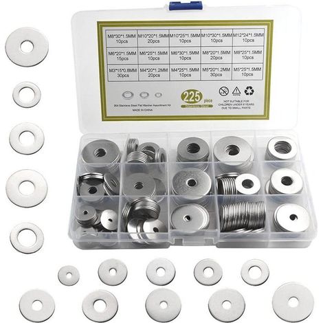225 304 rondelles plates en acier inoxydable M3 M4 M5 M6 M8 M10 M12 Assortiment de rondelles plates, verrouillage et ensemble d'outils à main hydrauliques Différentes tailles,-