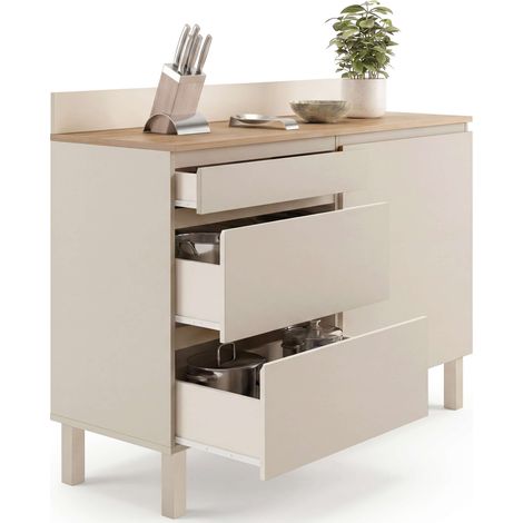 Buffet bas casserolier de cuisine 120 cm CLAUDE plan de travail effet bois H.83 cm 1 porte + 3 tiroirs beige