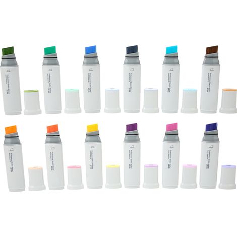 Marqueurs à pointe large rechargeables, encrage uniforme, série de 12 couleurs standard pour papier, plastique, bois et verre (1/5)