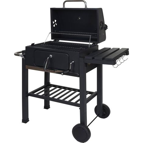 Barbecue BBQ braciere doppia griglia con ripiani e ruote HHG-862 acciaio 110x100x51cm nero