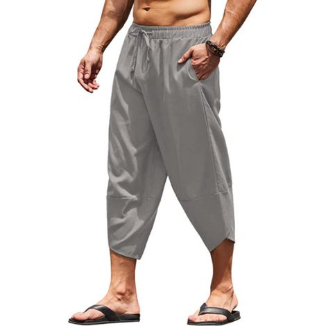 1 pantalon capri homme, taille élastique avec cordon, coupe ample et respirante, pour plage et yoga, en coton (1/5)